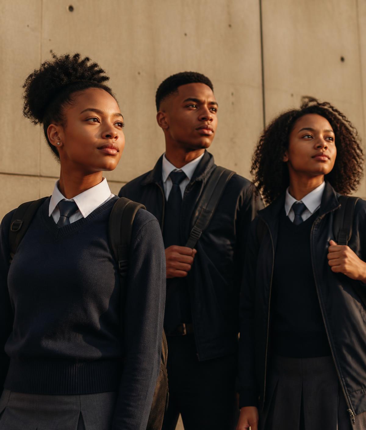 Three Grade 11 learners standing together in warm afternoon light